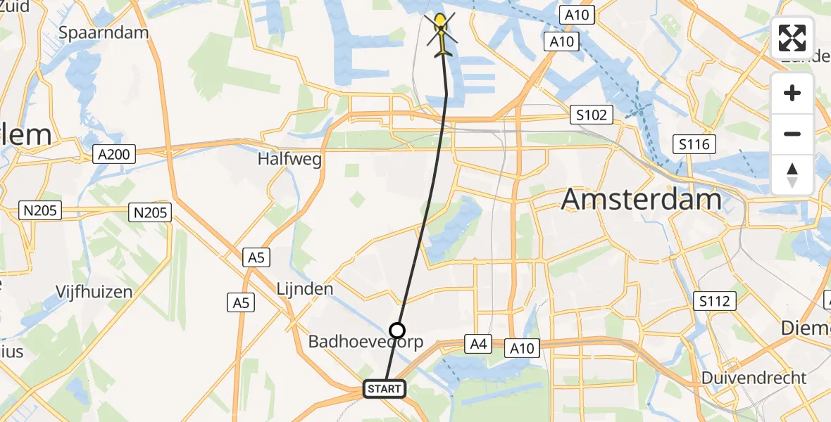 Routekaart van de vlucht: Politieheli naar Amsterdam Heliport, Sloterweg