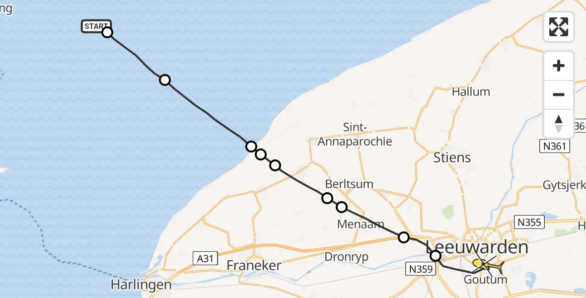 Routekaart van de vlucht: Ambulanceheli naar Leeuwarden, Aldlânsdyk