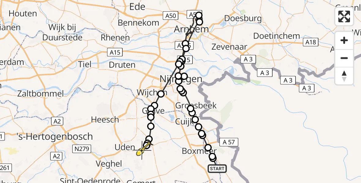 Routekaart van de vlucht: Politieheli naar Vliegbasis Volkel, Maasstraat