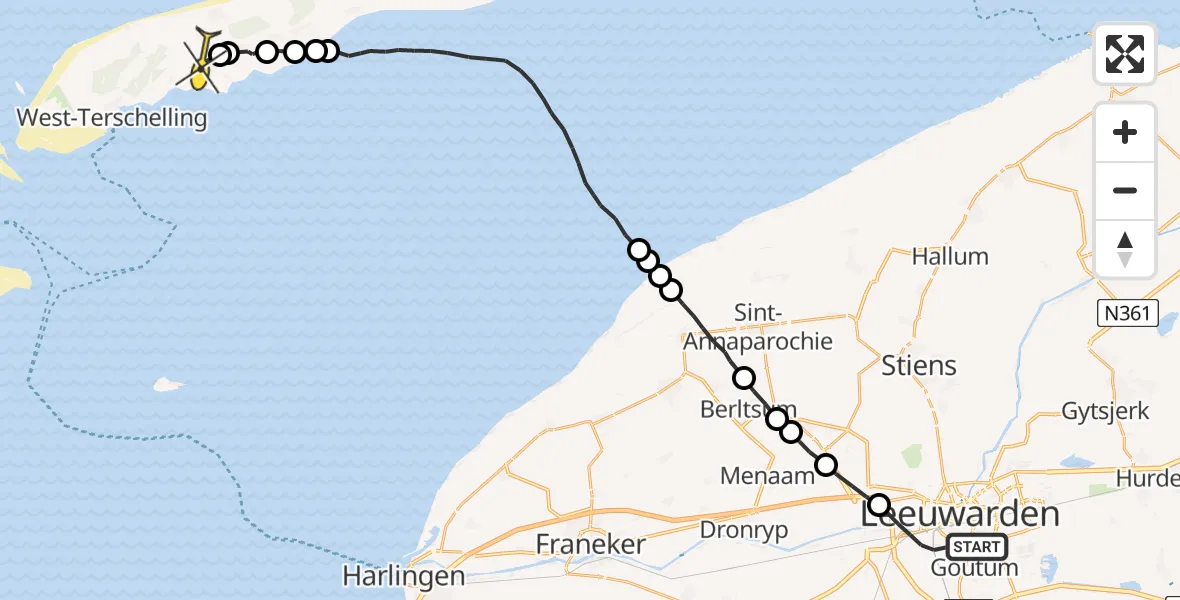 Routekaart van de vlucht: Ambulanceheli naar Midsland, Nijlânsdyk