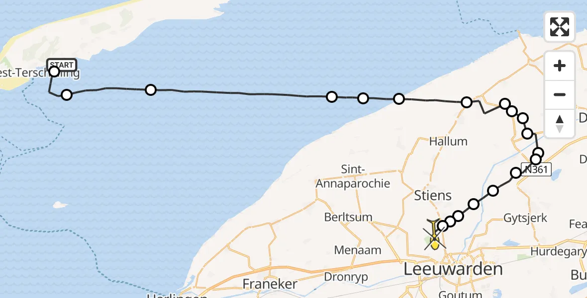 Routekaart van de vlucht: Ambulanceheli naar Vliegbasis Leeuwarden, De Vleugel
