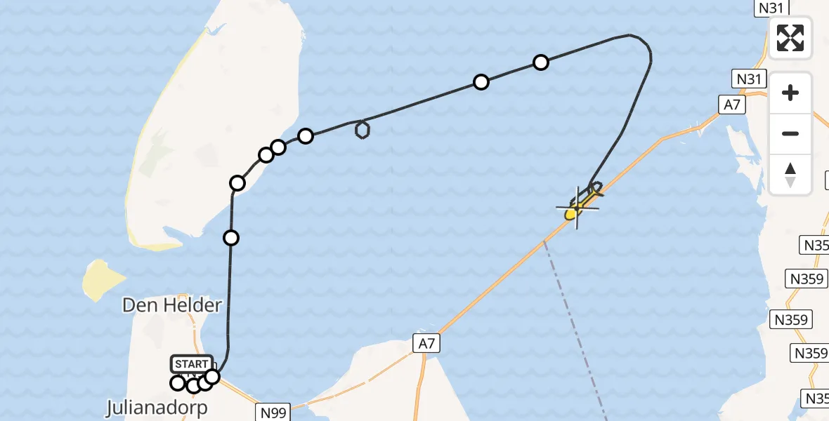 Routekaart van de vlucht: Kustwachthelikopter naar Harlingen, Middenvliet