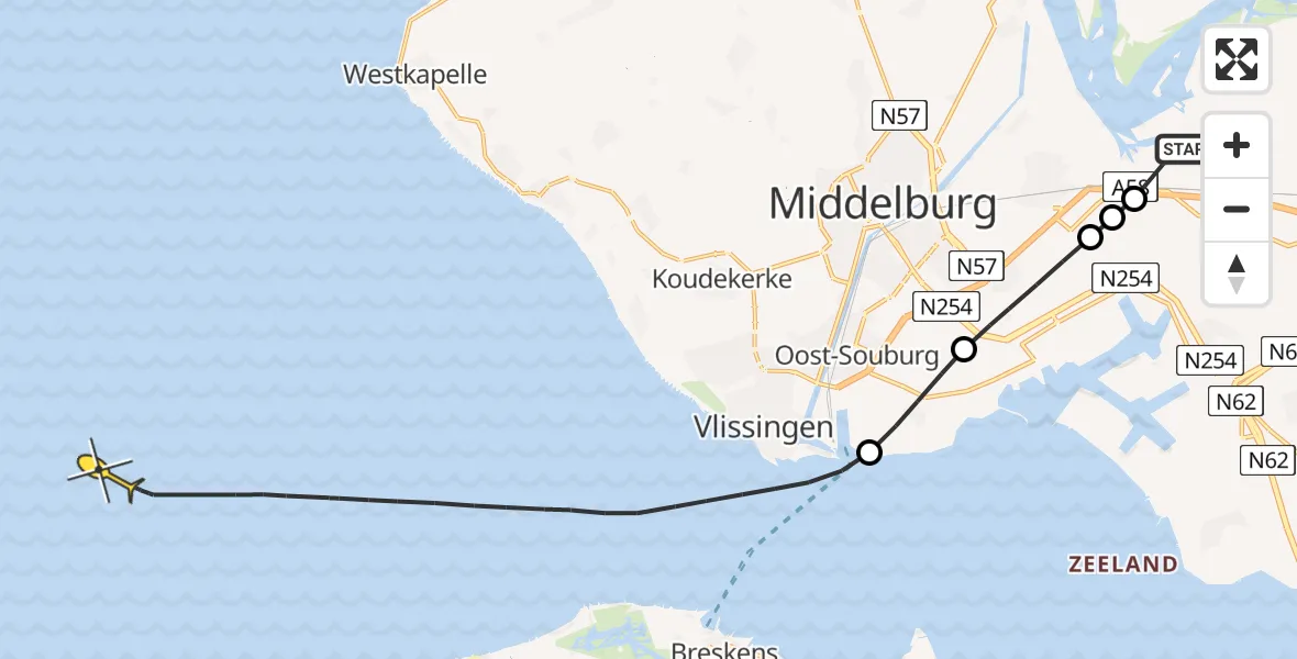 Routekaart van de vlucht: Kustwachthelikopter naar Vlissingen, Calandweg