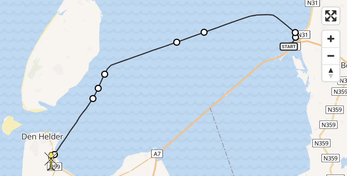 Routekaart van de vlucht: Kustwachthelikopter naar Vliegveld De Kooy, Afsluitdijk