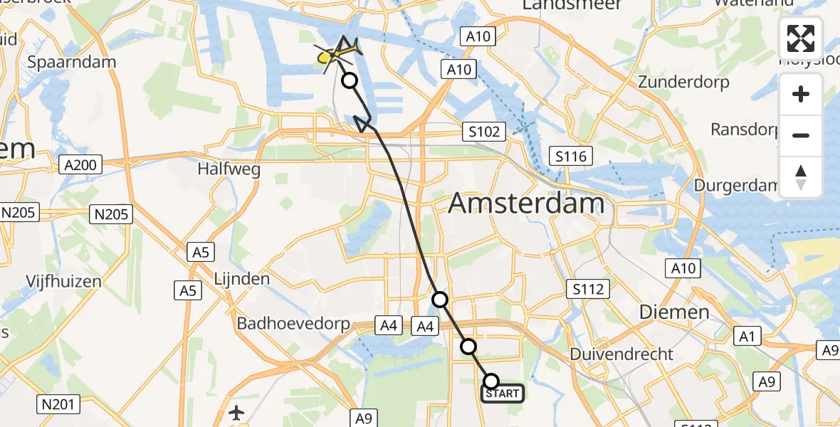 Routekaart van de vlucht: Lifeliner 1 naar Amsterdam Heliport, Valkenstein