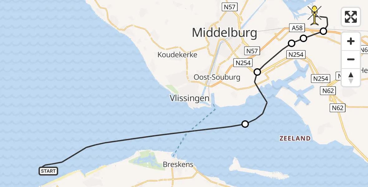 Routekaart van de vlucht: Kustwachthelikopter naar Vliegveld Midden-Zeeland, Calandweg