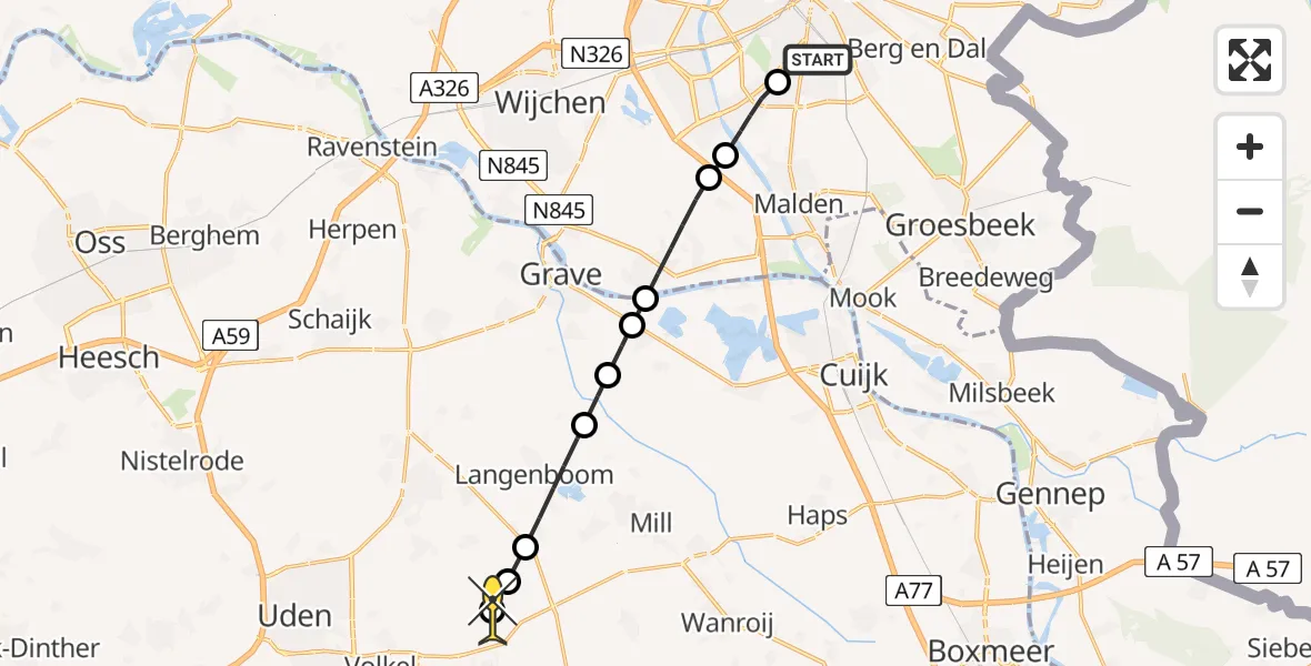 Routekaart van de vlucht: Lifeliner 3 naar Vliegbasis Volkel, Krekelstraat