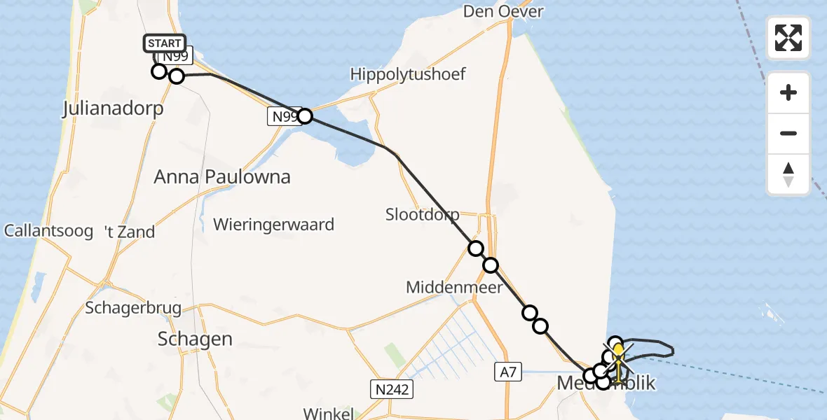 Routekaart van de vlucht: Kustwachthelikopter naar Medemblik, Middenvliet