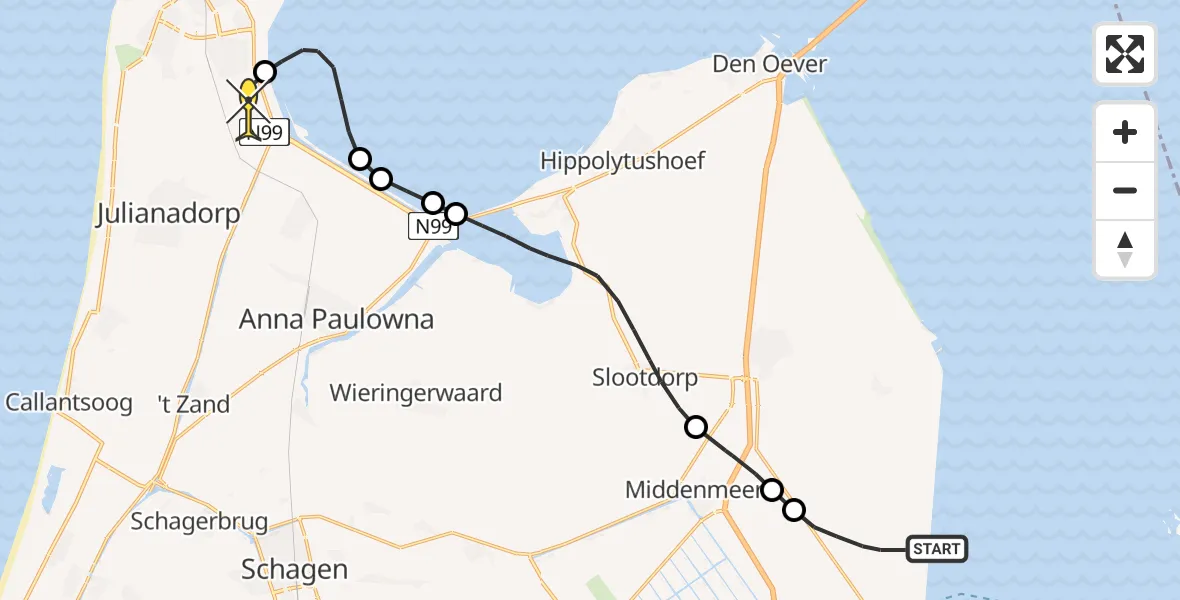 Routekaart van de vlucht: Kustwachthelikopter naar Vliegveld De Kooy, Wagenpad