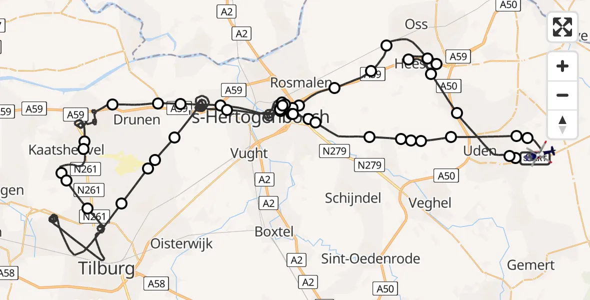 Vluchtroute Politiehelikopter van Vliegbasis Volkel naar Vliegbasis Volkel