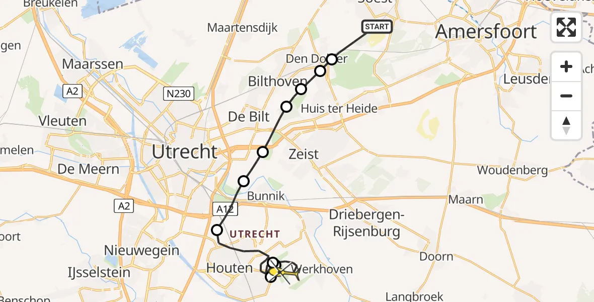 Routekaart van de vlucht: Politiehelikopter naar Werkhoven, De Zoom