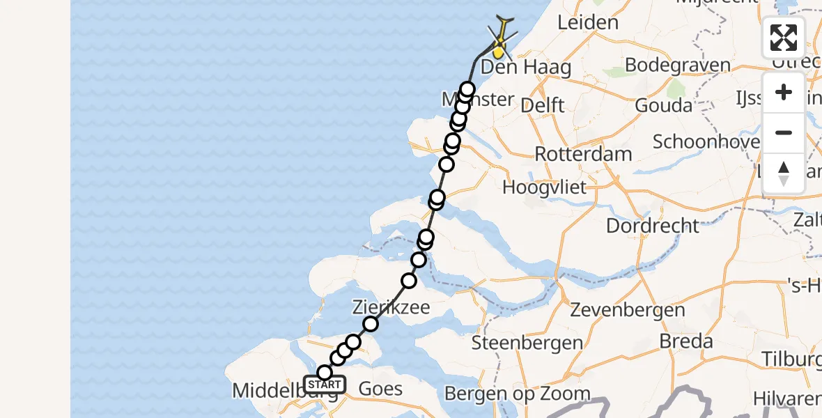 Routekaart van de vlucht: Kustwachthelikopter naar Oranjeplaatweg