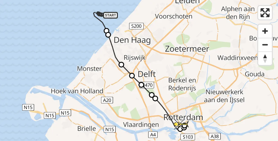 Routekaart van de vlucht: Kustwachthelikopter naar Erasmus MC, Westzeedijk