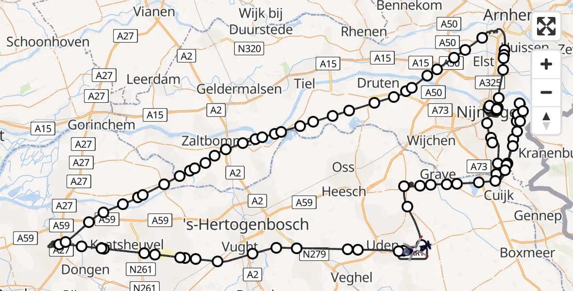 Vluchtroute Politiehelikopter van Vliegbasis Volkel naar Vliegbasis Volkel
