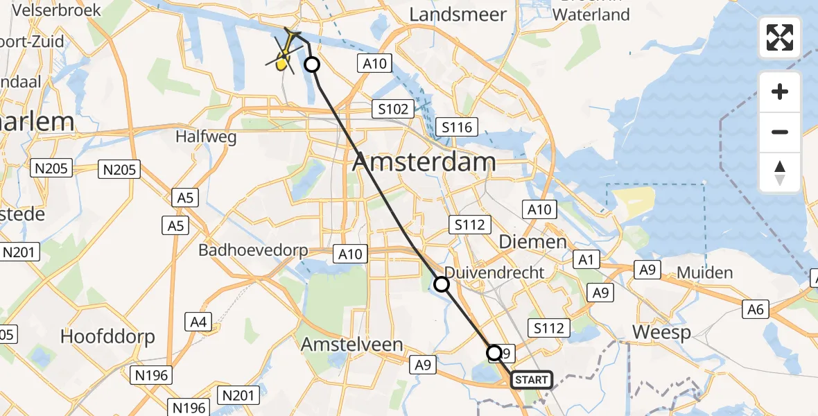 Routekaart van de vlucht: Lifeliner 1 naar Amsterdam Heliport, Sijsjesbergweg