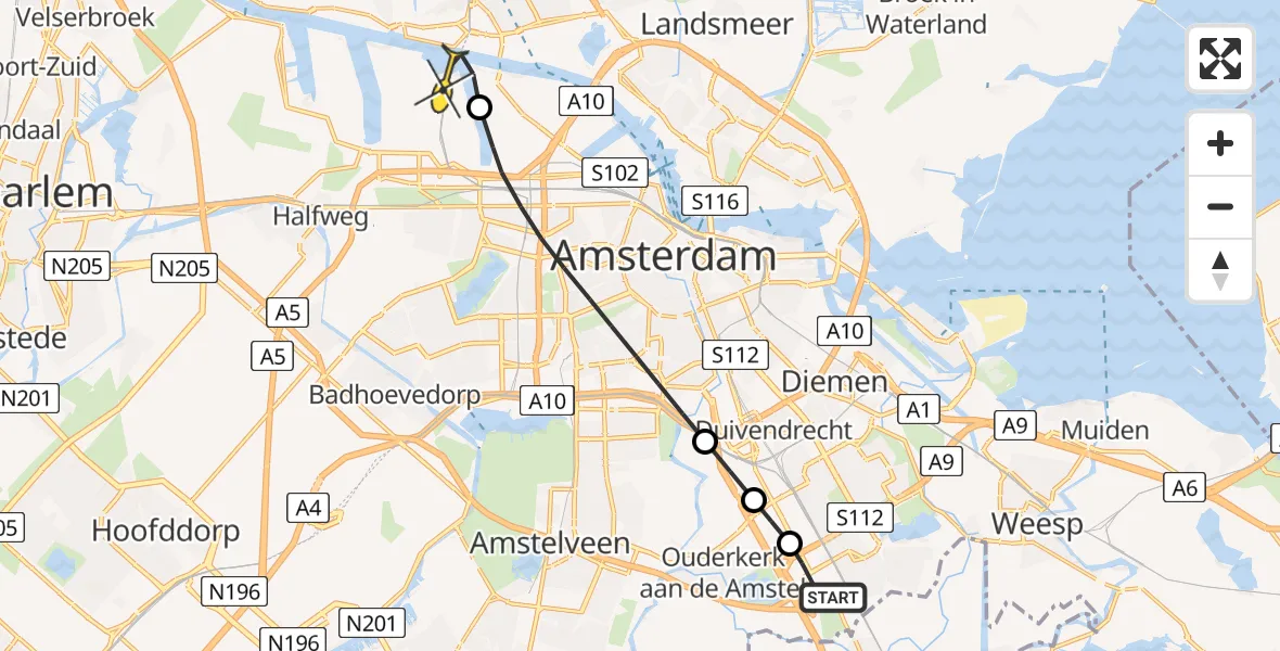 Routekaart van de vlucht: Lifeliner 1 naar Amsterdam Heliport, Stekkenbergweg