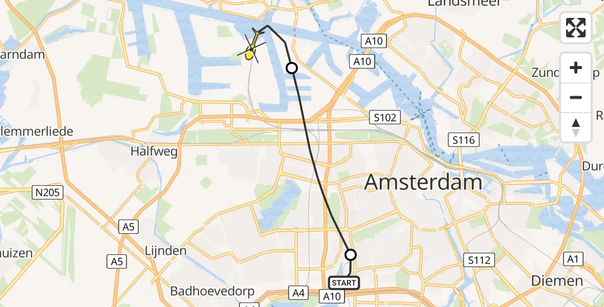 Routekaart van de vlucht: Lifeliner 1 naar Amsterdam Heliport, Theophile de Bockstraat