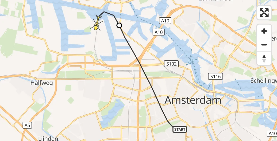 Routekaart van de vlucht: Lifeliner 1 naar Amsterdam Heliport, Overtoom