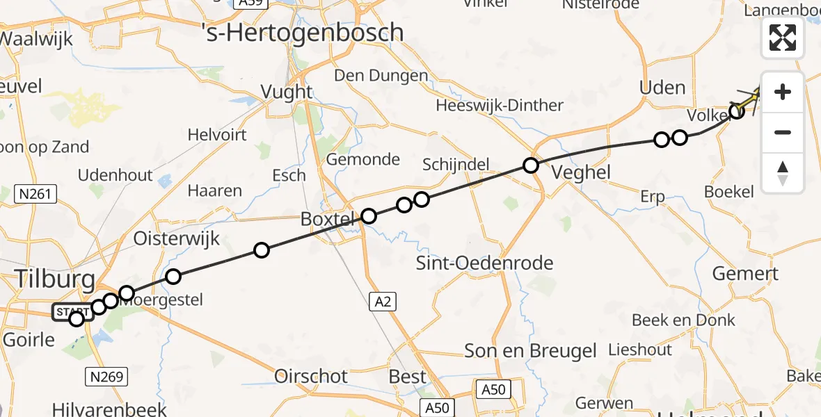 Routekaart van de vlucht: Lifeliner 3 naar Vliegbasis Volkel, Hilvarenbeekseweg