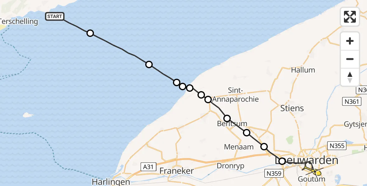 Routekaart van de vlucht: Ambulanceheli naar Leeuwarden, Aldlânsdyk