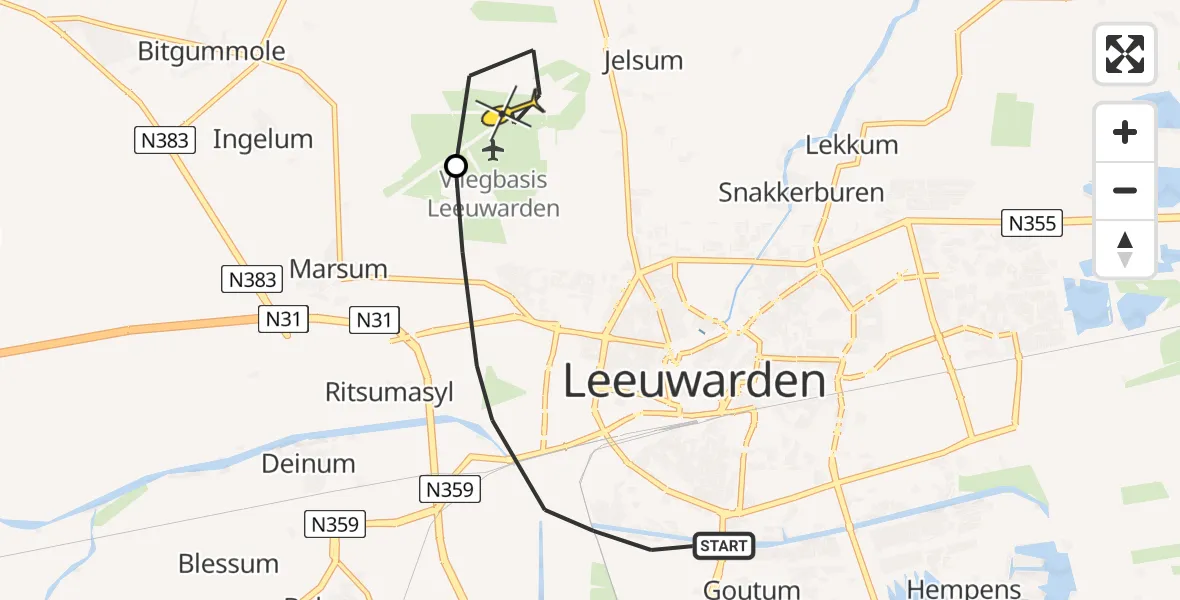 Routekaart van de vlucht: Ambulancehelikopter naar Vliegbasis Leeuwarden, Nijlânsdyk