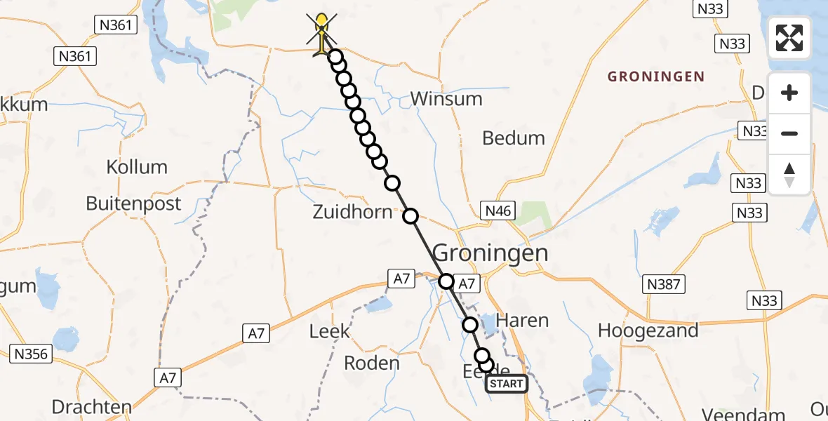 Routekaart van de vlucht: Lifeliner 4 naar Leens, Eskampenweg