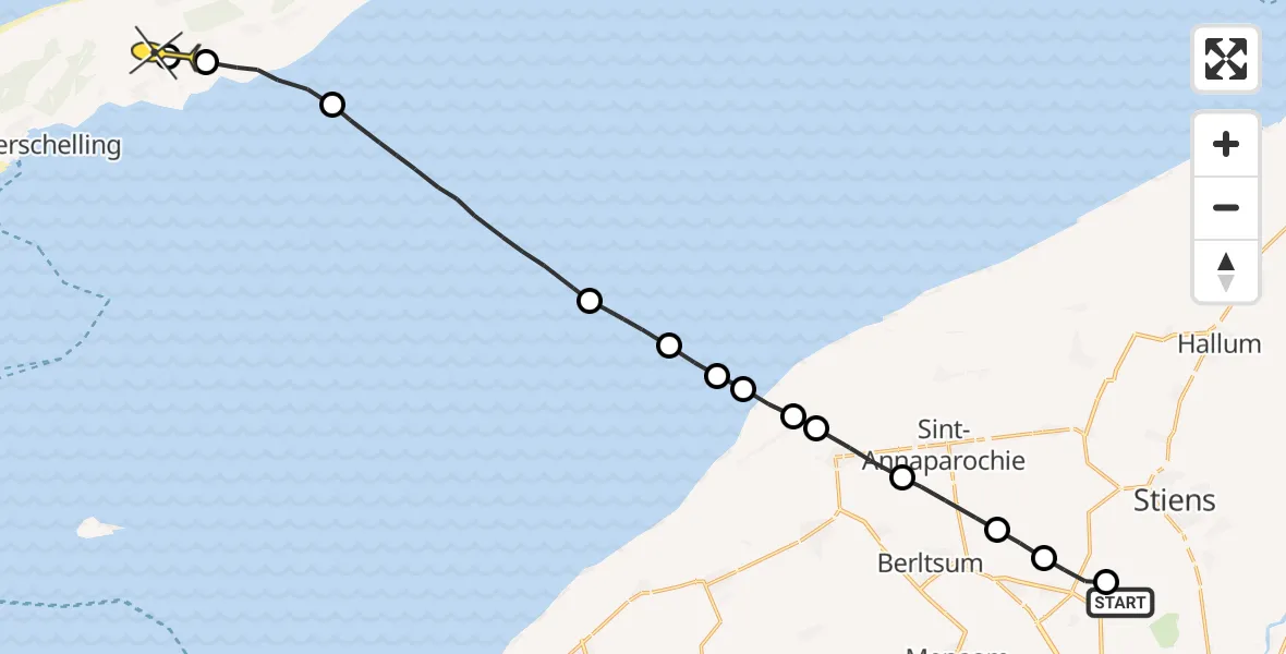 Routekaart van de vlucht: Ambulanceheli naar Midsland, Nijlânsdyk