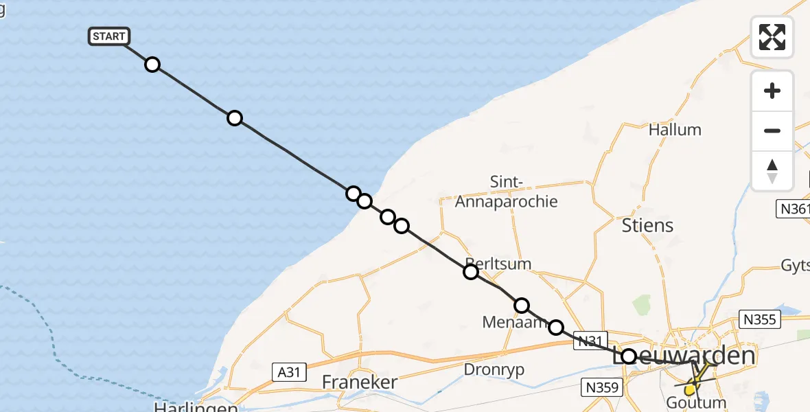 Routekaart van de vlucht: Ambulanceheli naar Leeuwarden, Noorder Balgen