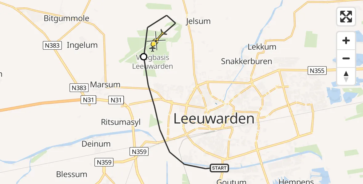 Vluchtroute Ambulancehelikopter van Leeuwarden naar Vliegbasis Leeuwarden