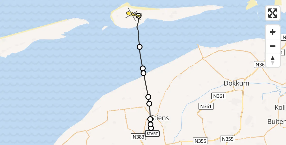 Routekaart van de vlucht: Ambulancehelikopter naar Ameland Airport Ballum, Efterste Dyk