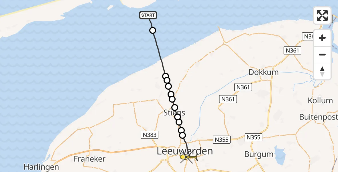 Routekaart van de vlucht: Ambulanceheli naar Leeuwarden, Robbentocht WL35 Brakzand