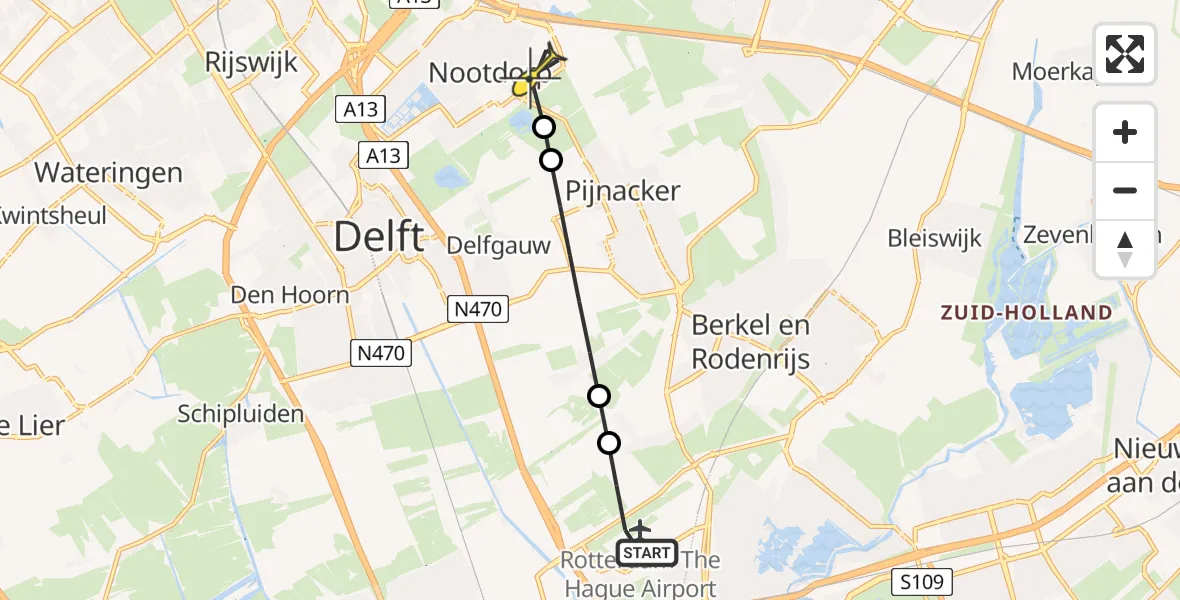 Routekaart van de vlucht: Lifeliner 2 naar Nootdorp, Schieveense polder