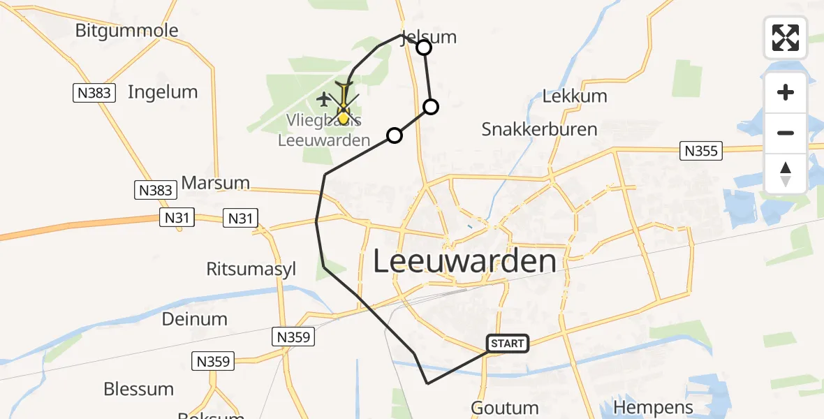 Vluchtroute Ambulancehelikopter van Leeuwarden naar Vliegbasis Leeuwarden