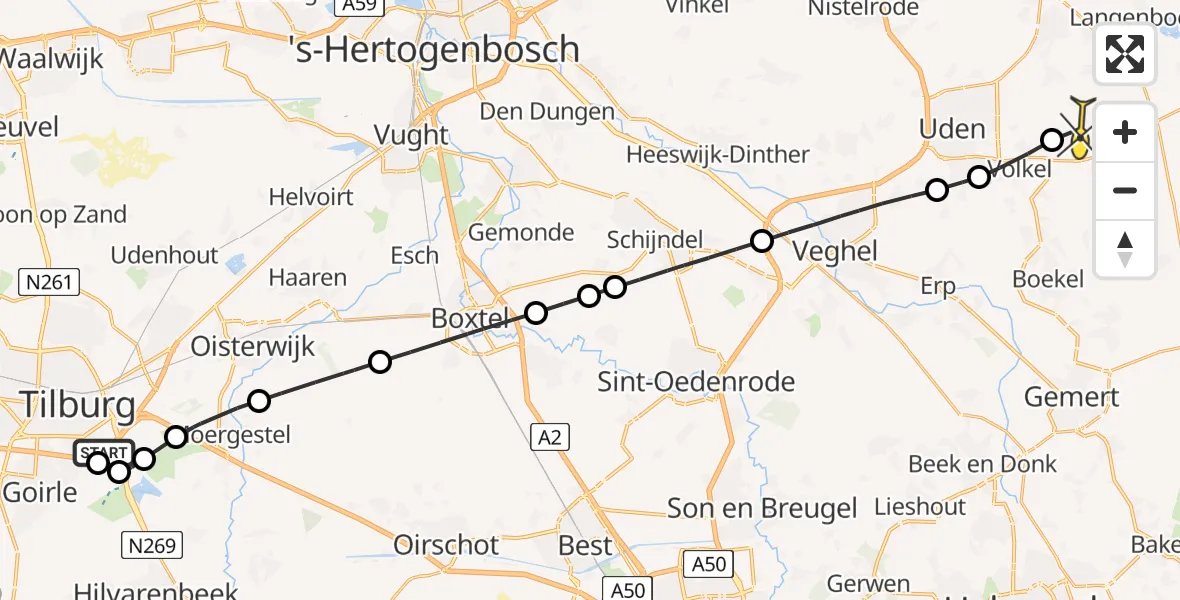 Routekaart van de vlucht: Lifeliner 3 naar Vliegbasis Volkel, Tilburgseweg