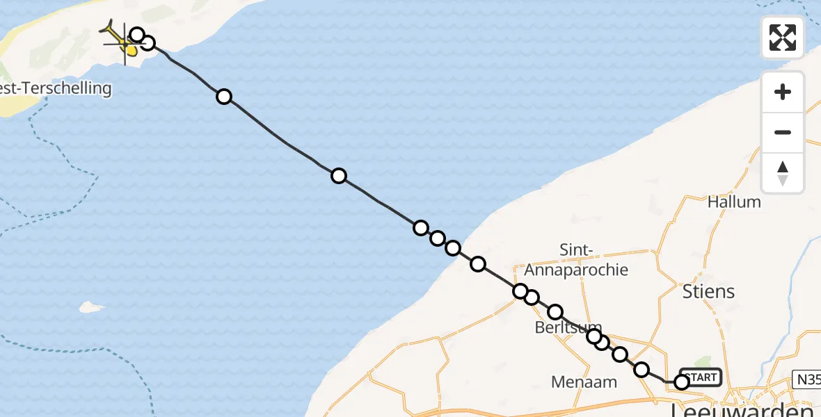 Routekaart van de vlucht: Ambulanceheli naar Midsland, Ljouwerterdyk