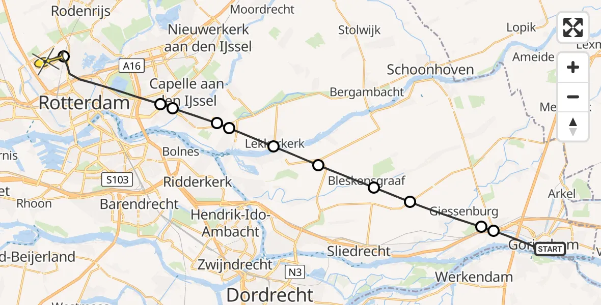 Routekaart van de vlucht: Lifeliner 2 naar Rotterdam The Hague Airport, Buiten de Waterpoort