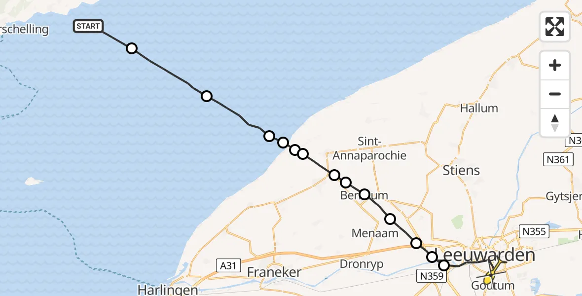 Routekaart van de vlucht: Ambulanceheli naar Leeuwarden, Aldlânsdyk