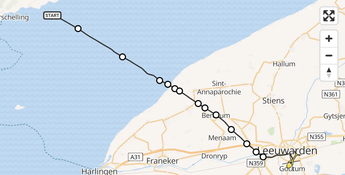 Routekaart van de vlucht: Ambulancehelikopter naar Leeuwarden, Aldlânsdyk