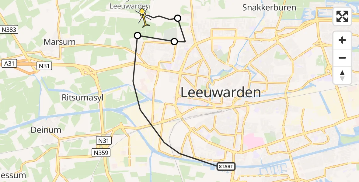 Vluchtroute Ambulancehelikopter van Leeuwarden naar Vliegbasis Leeuwarden