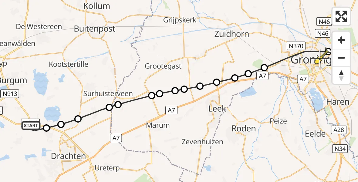 Routekaart van de vlucht: Lifeliner 4 naar Universitair Medisch Centrum Groningen, Kommisjewei