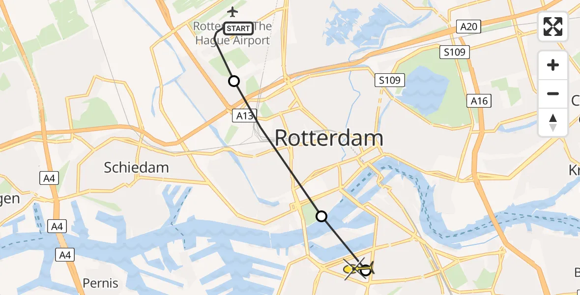 Routekaart van de vlucht: Lifeliner 2 naar Rotterdam, Oudedijkse Schiekade