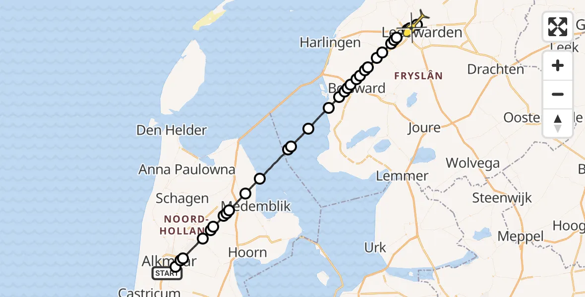 Routekaart van de vlucht: Ambulanceheli naar Vliegbasis Leeuwarden, Noordertocht