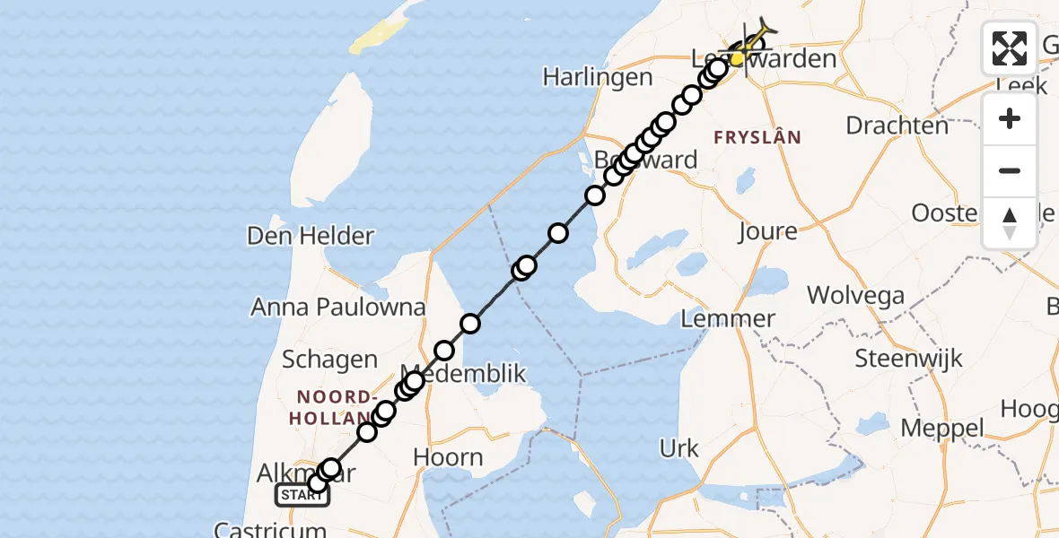 Routekaart van de vlucht: Ambulancehelikopter naar Vliegbasis Leeuwarden, Noordertocht