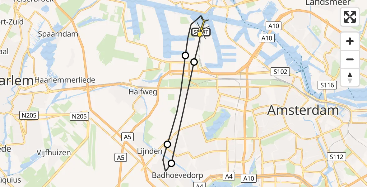 Routekaart van de vlucht: Lifeliner 1 naar Amsterdam Heliport, Westpoortweg