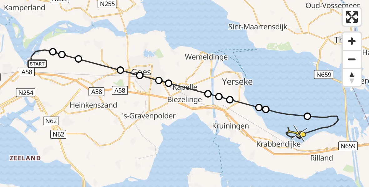 Routekaart van de vlucht: Kustwachthelikopter naar Krabbendijke, Lamsoor