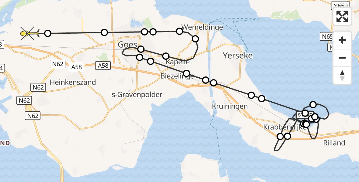 Routekaart van de vlucht: Kustwachthelikopter naar 's-Heer Arendskerke, Tarweplaat