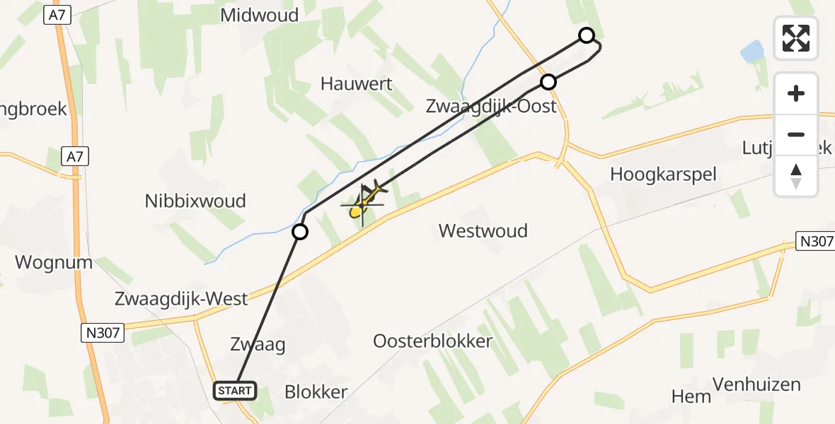 Routekaart van de vlucht: Politieheli naar Zwaagdijk-Oost, Zwaagdijk