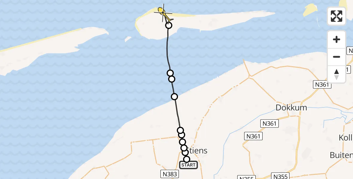 Routekaart van de vlucht: Ambulancehelikopter naar Ameland Airport Ballum, Nijlânsdyk
