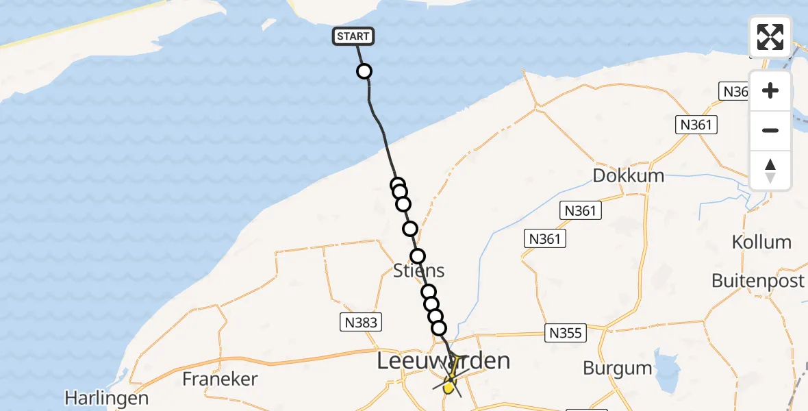 Routekaart van de vlucht: Ambulanceheli naar Leeuwarden, Robbentocht WL35 Brakzand