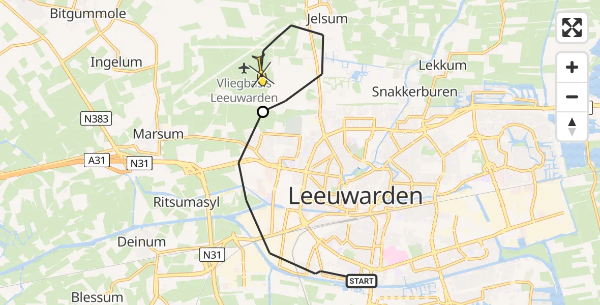 Vluchtroute Ambulancehelikopter van Leeuwarden naar Vliegbasis Leeuwarden